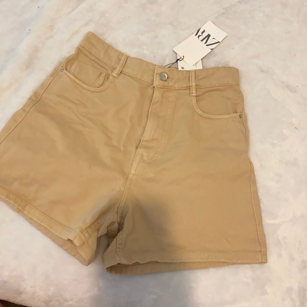Zara, High waisted khaki denim shorts